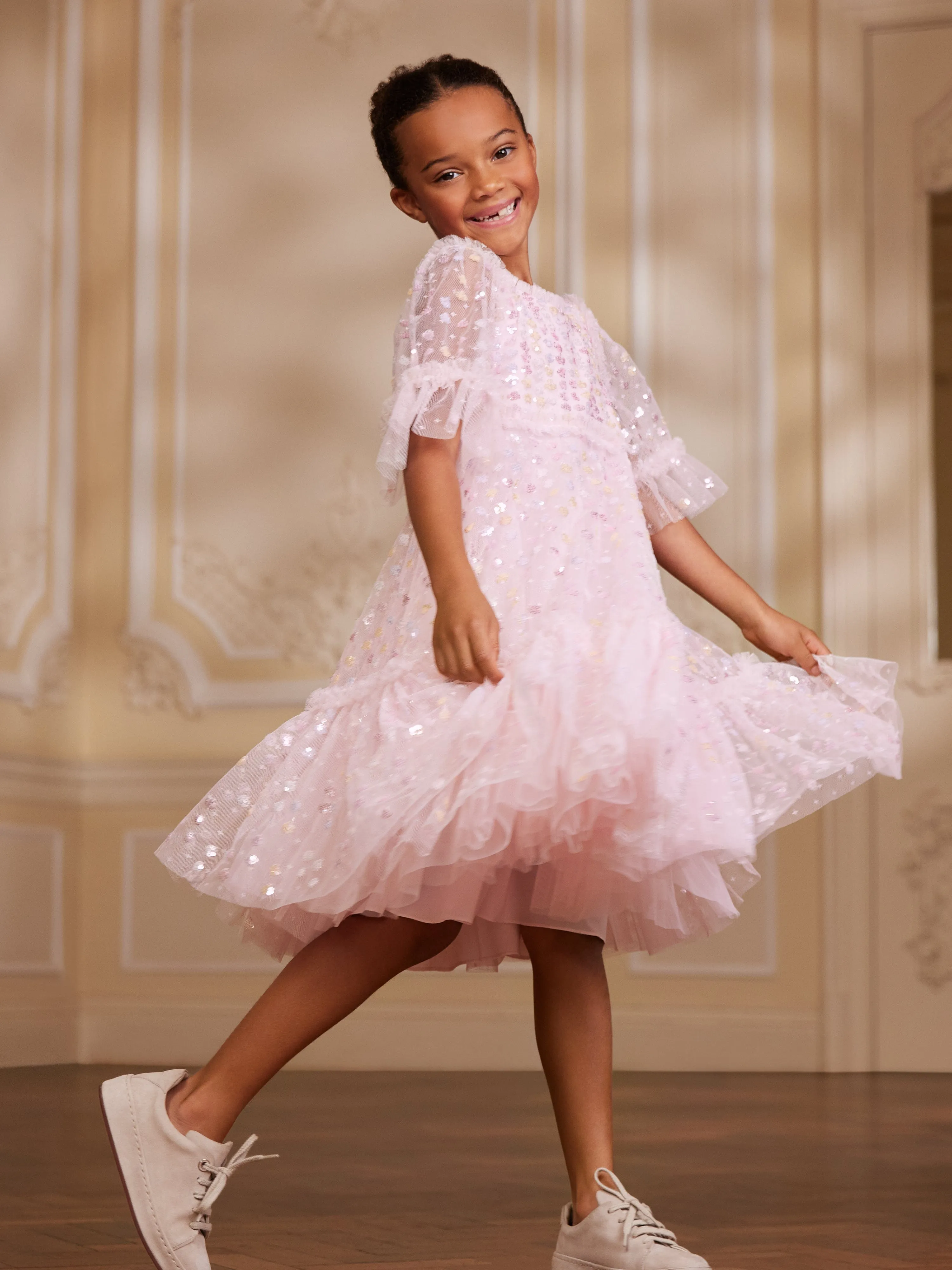 Needle & Thread Girls Raindrop Sequin Dress in Pink