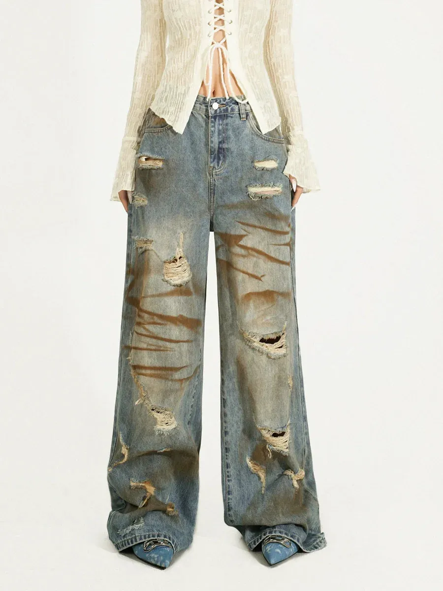 Nico Molly Heavily Distressed Wide-Leg Jeans - Light Wash (Women's)