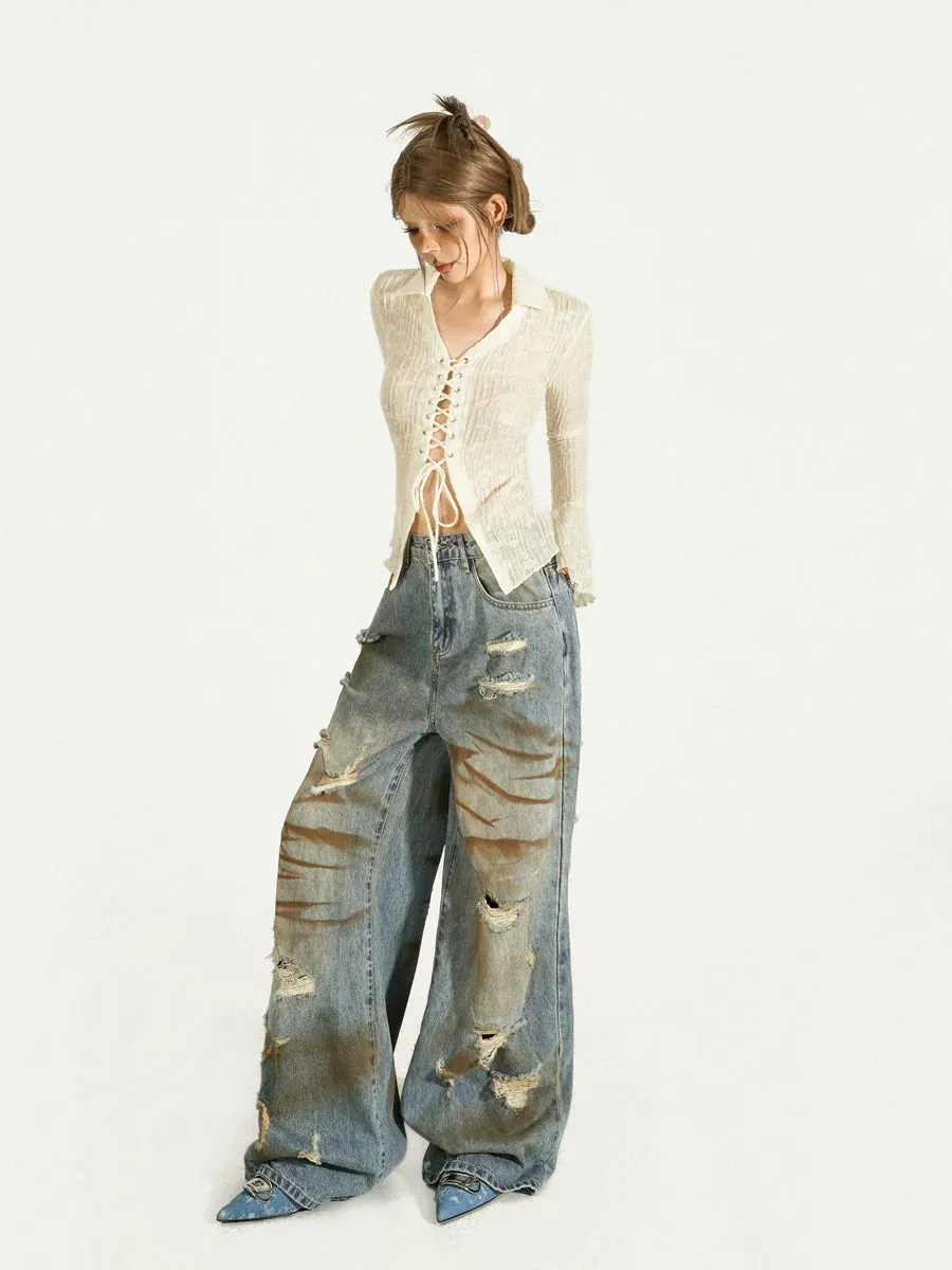 Nico Molly Heavily Distressed Wide-Leg Jeans - Light Wash (Women's)