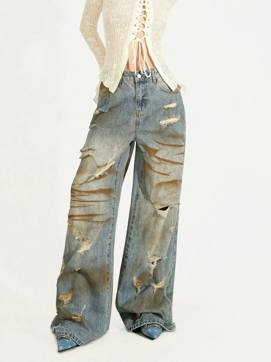 Nico Molly Heavily Distressed Wide-Leg Jeans - Light Wash (Women's)