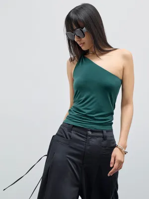 Nuon Teal Ruched One-Shoulder Top