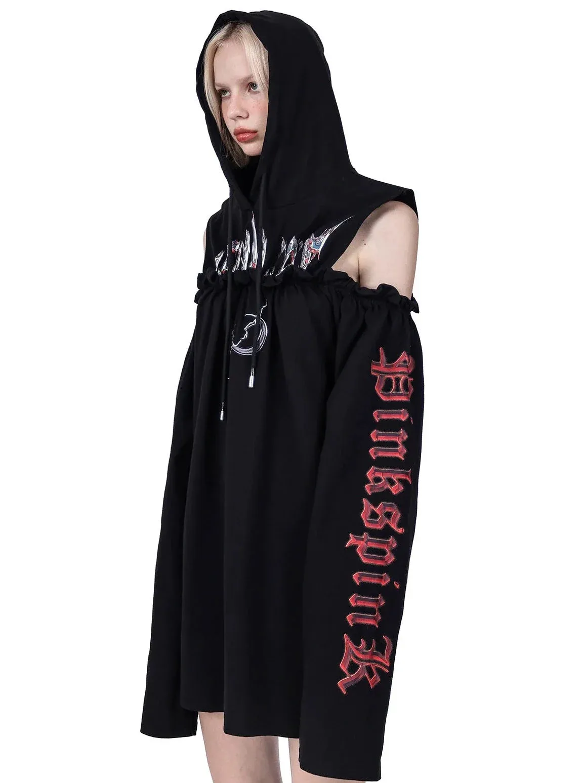 PINKSPINK Gothic Off-Shoulder Hoodie - Black