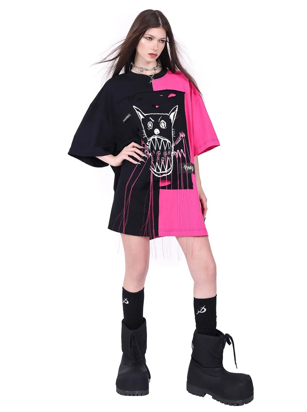 PINKSPINK Two-Tone Graphic Oversized T-Shirt - Black/Pink