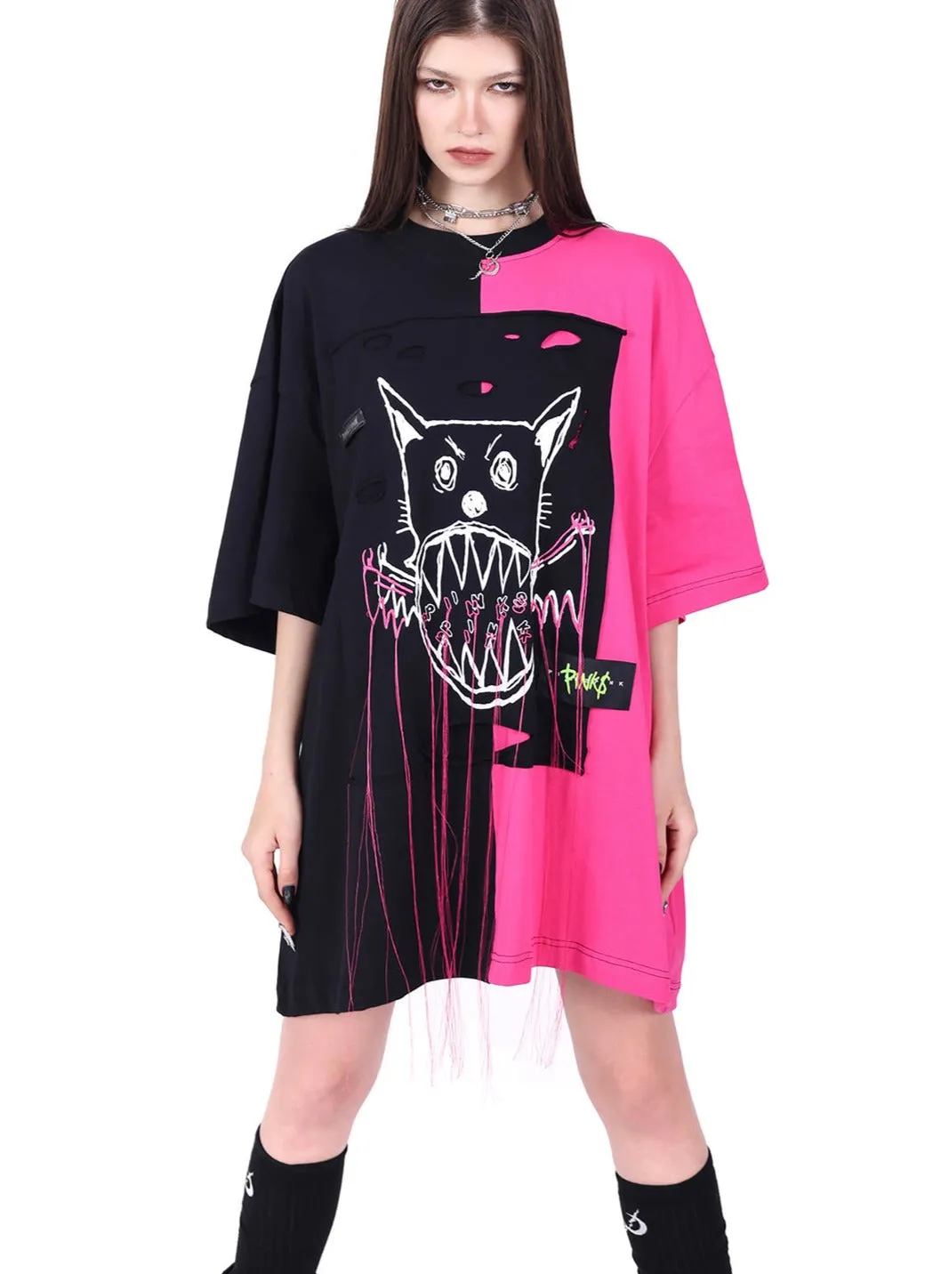 PINKSPINK Two-Tone Graphic Oversized T-Shirt - Black/Pink