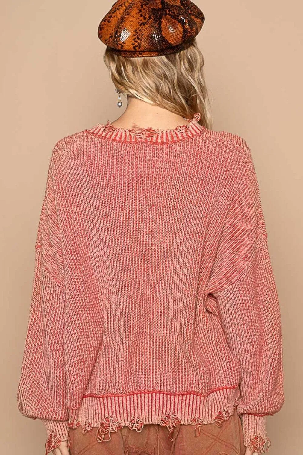 POL Sweater Distressed Washed Drop Shoulder Long Sleeve Knitwear