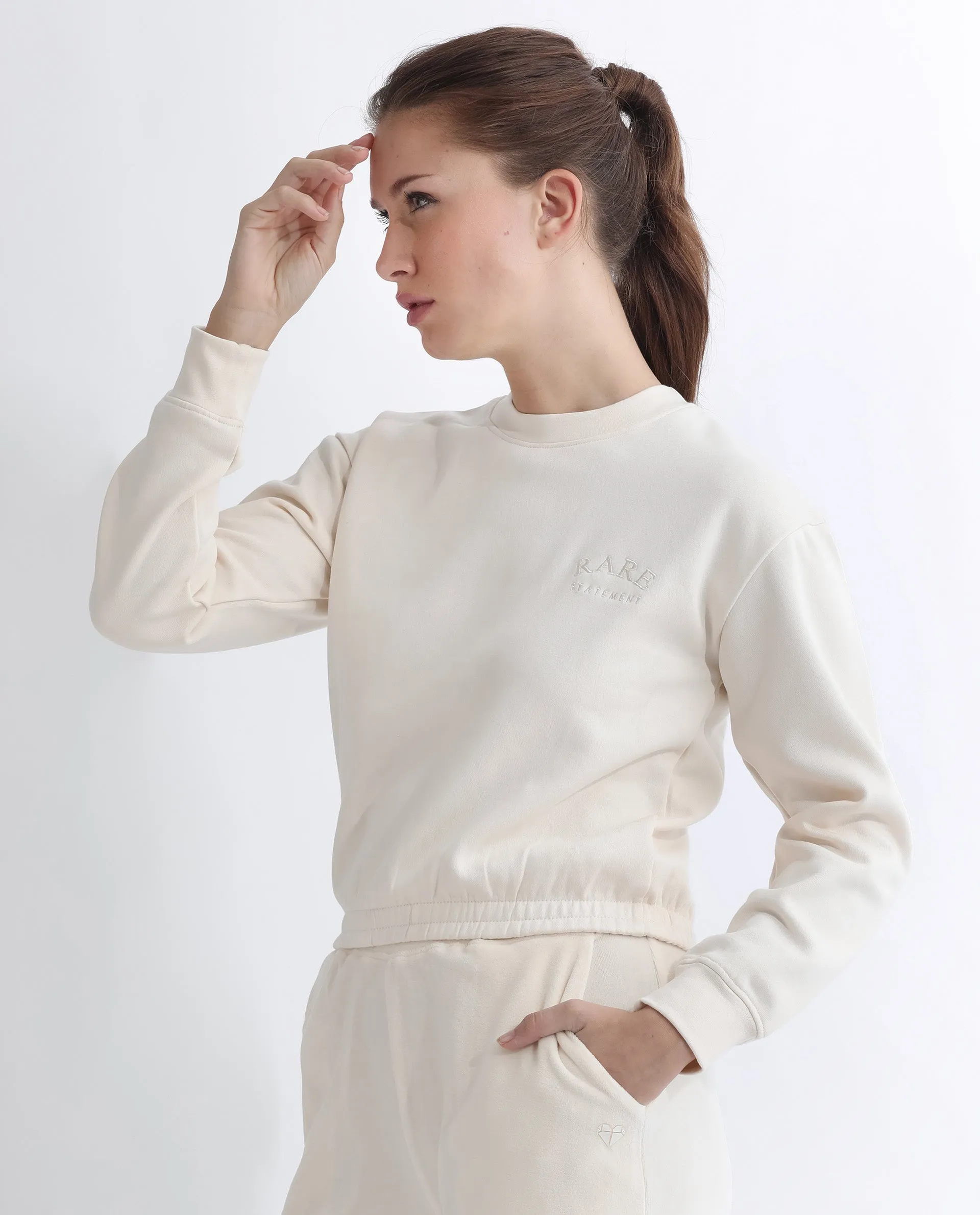 Rareism Articale Women Krok Beige Poly Cotton Fabric Full Sleeves Cuffed Sleeve Round Neck Regular Fit Plain Cropped Sweatshirt