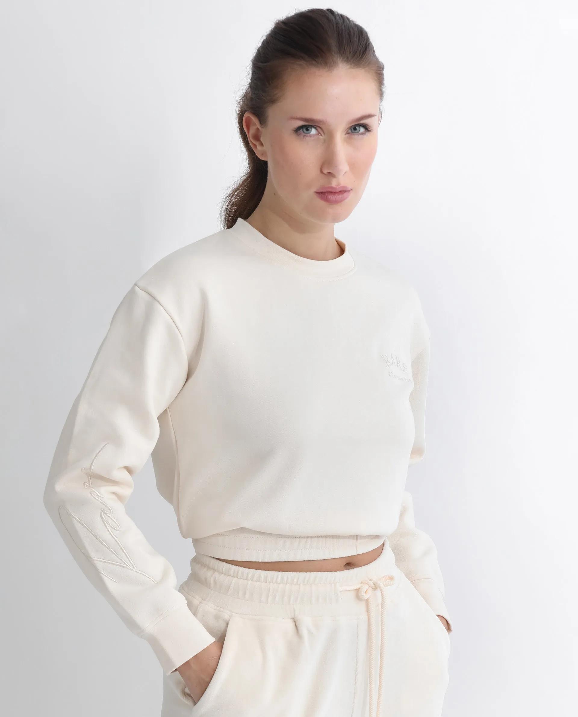 Rareism Articale Women Krok Beige Poly Cotton Fabric Full Sleeves Cuffed Sleeve Round Neck Regular Fit Plain Cropped Sweatshirt