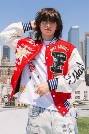 Red Get Lucky Today Varsity Jacket