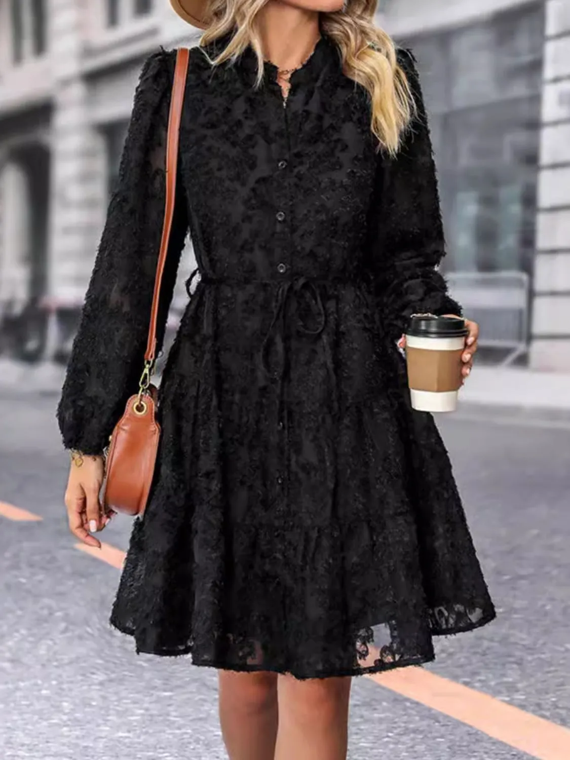 Romantic Full Lace Button Down Long Sleeve Mini Dress