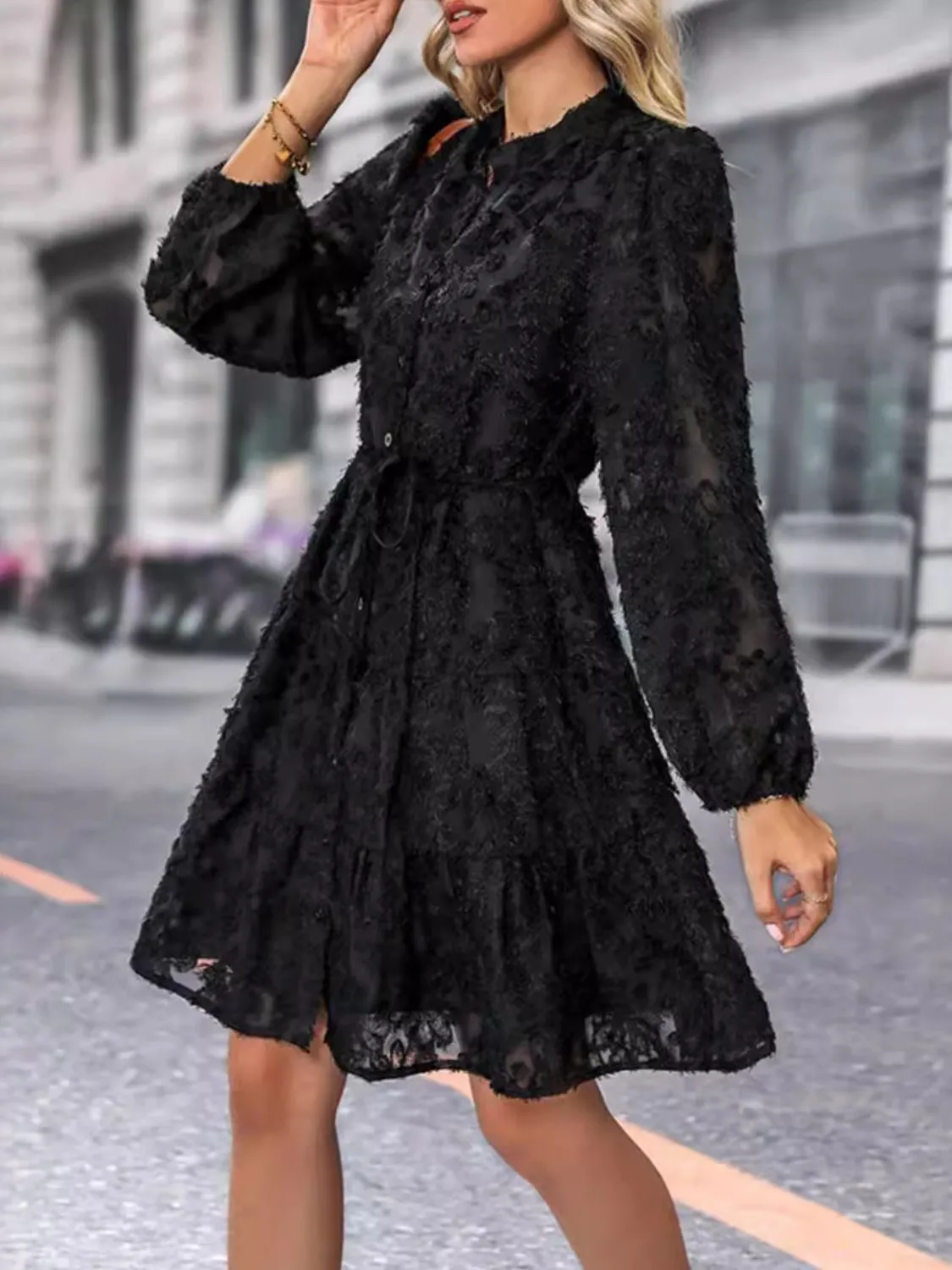 Romantic Full Lace Button Down Long Sleeve Mini Dress