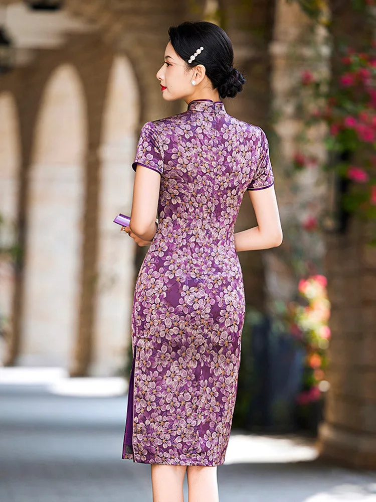 Romantic Vintage Purple Floral Printed Qipao Cheongsam Dress