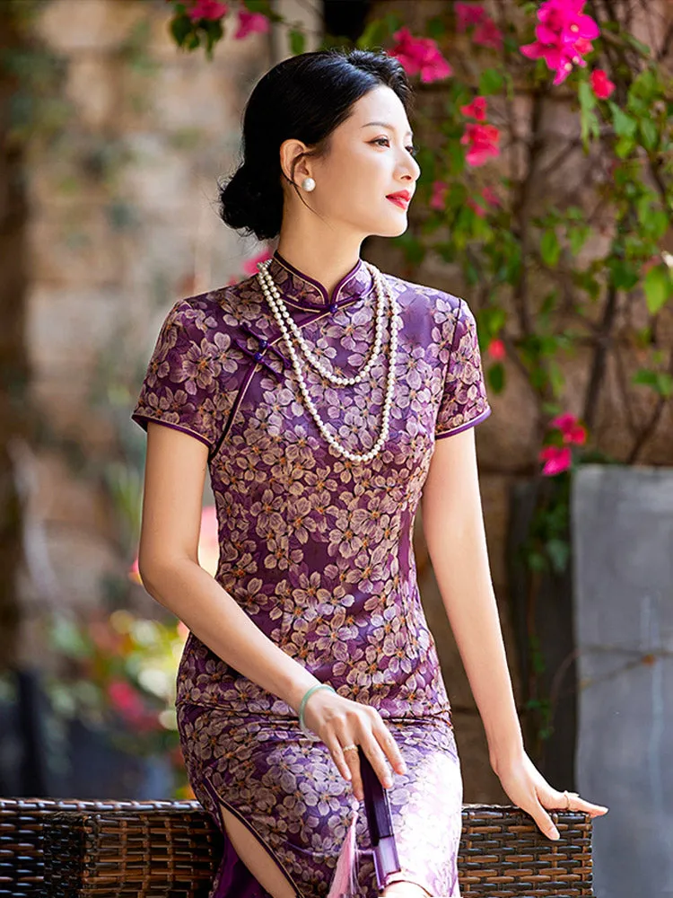 Romantic Vintage Purple Floral Printed Qipao Cheongsam Dress