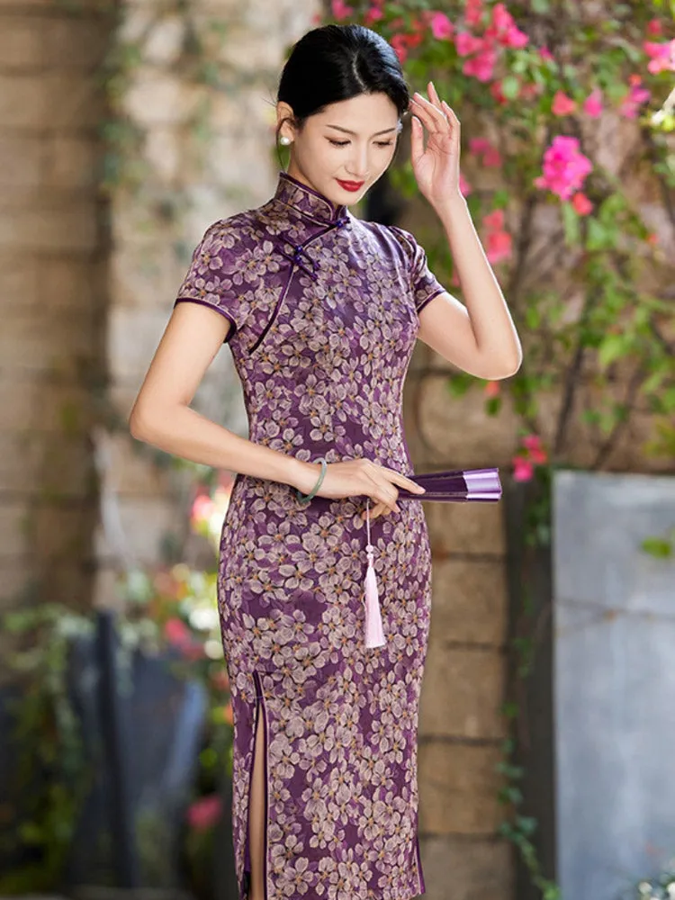 Romantic Vintage Purple Floral Printed Qipao Cheongsam Dress