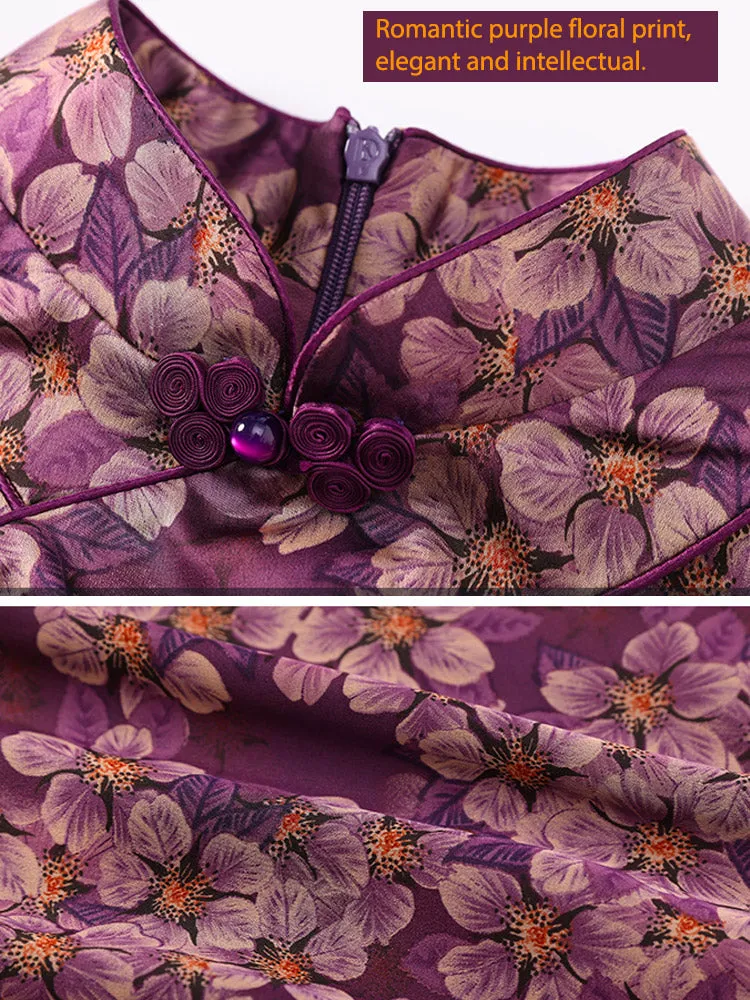 Romantic Vintage Purple Floral Printed Qipao Cheongsam Dress