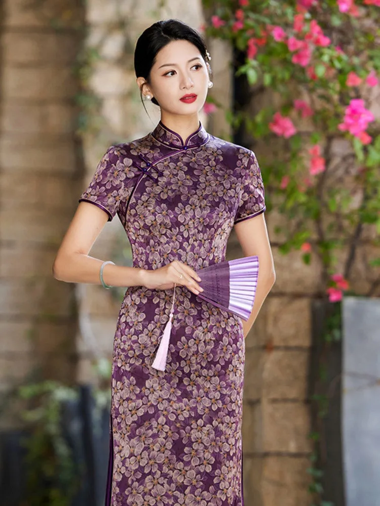 Romantic Vintage Purple Floral Printed Qipao Cheongsam Dress