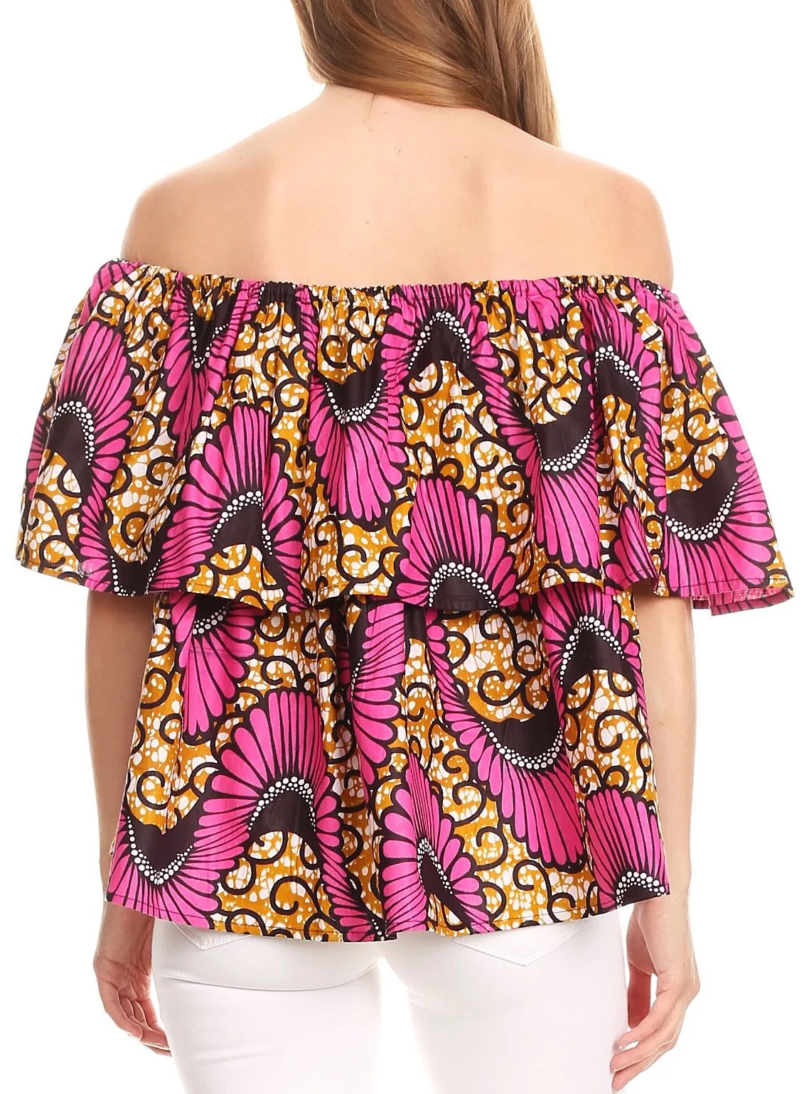 Sakkas Imani Colorful Wax African Ankara Dutch Off-shoulder Blouse Top Gorgeous