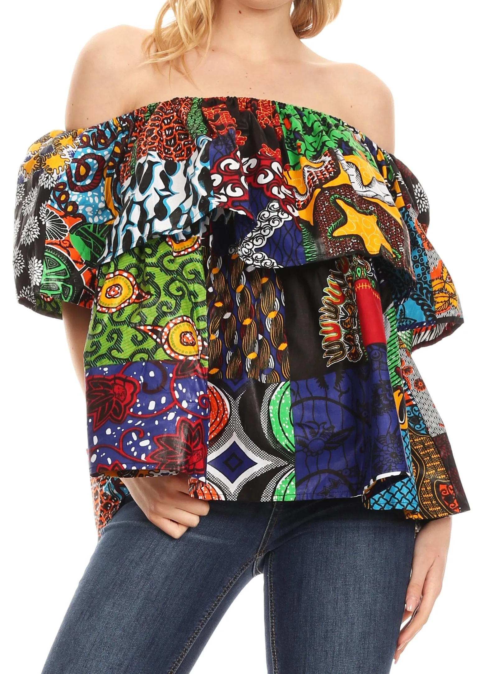 Sakkas Imani Colorful Wax African Ankara Dutch Off-shoulder Blouse Top Gorgeous