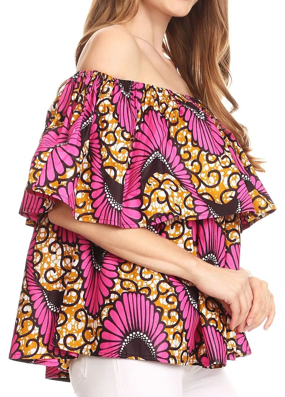 Sakkas Imani Colorful Wax African Ankara Dutch Off-shoulder Blouse Top Gorgeous