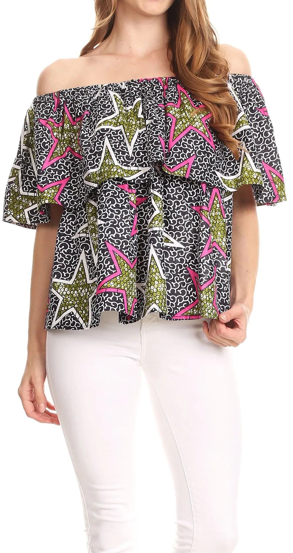 Sakkas Imani Colorful Wax African Ankara Dutch Off-shoulder Blouse Top Gorgeous