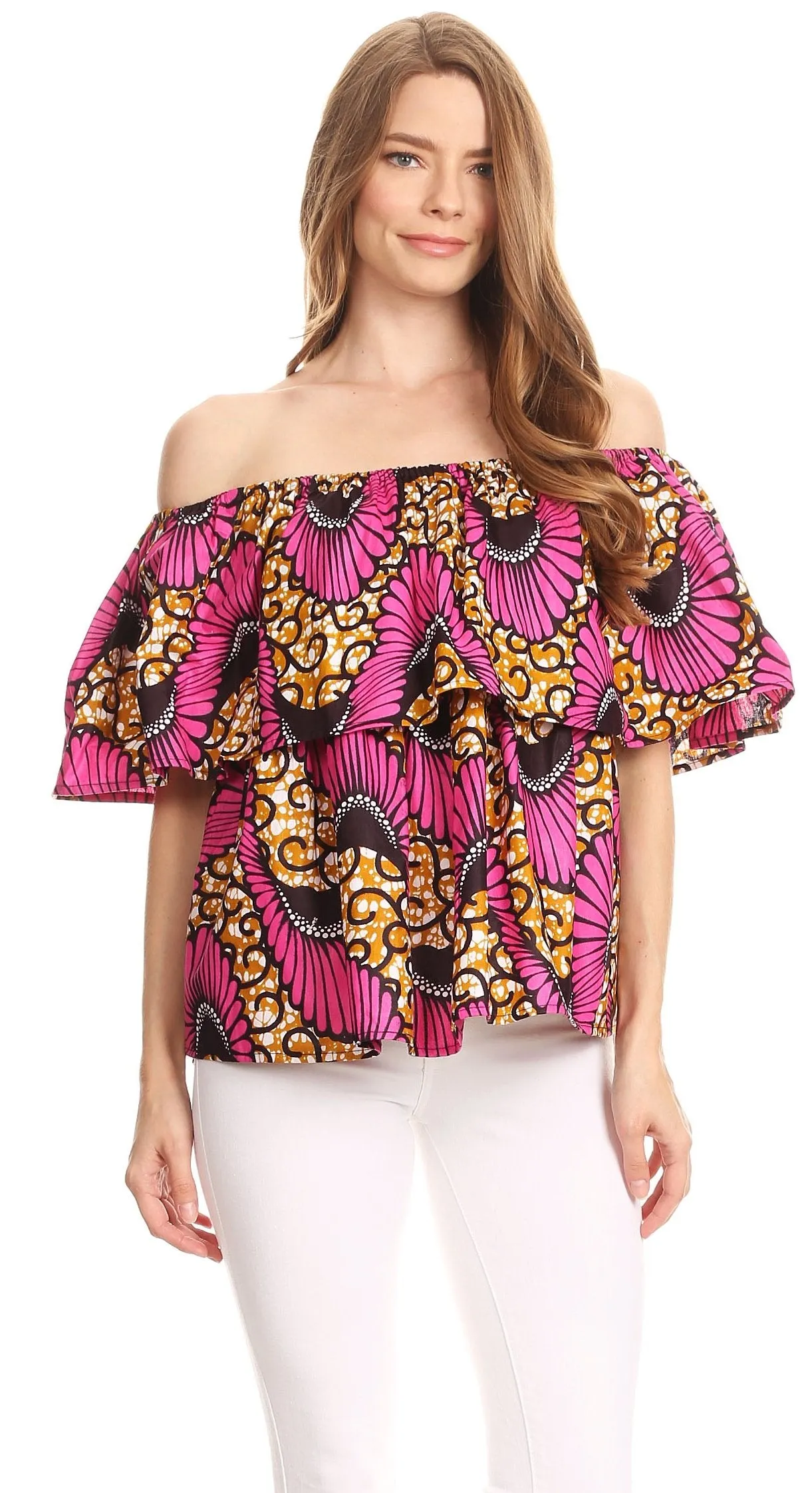 Sakkas Imani Colorful Wax African Ankara Dutch Off-shoulder Blouse Top Gorgeous