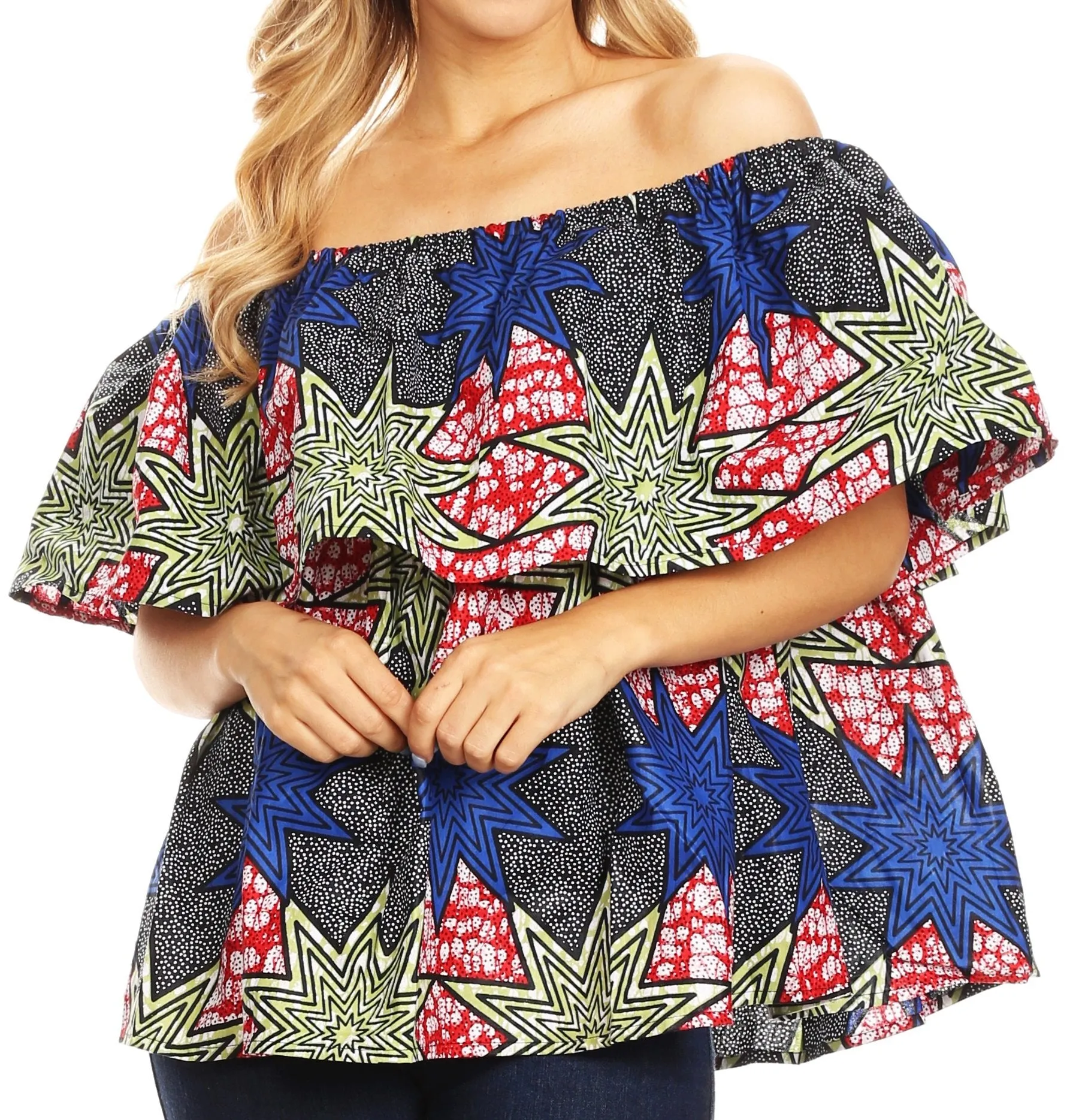 Sakkas Imani Colorful Wax African Ankara Dutch Off-shoulder Blouse Top Gorgeous