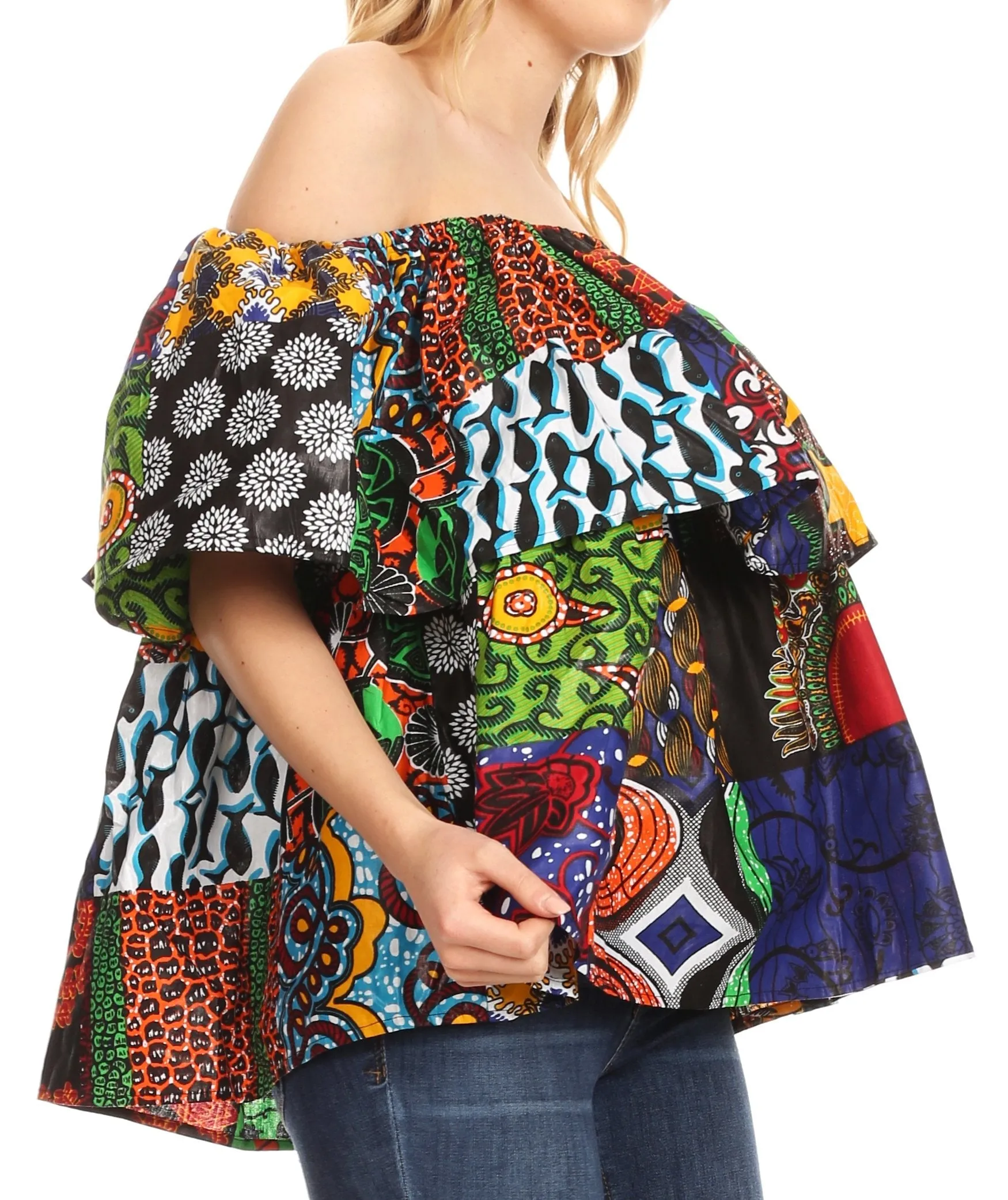 Sakkas Imani Colorful Wax African Ankara Dutch Off-shoulder Blouse Top Gorgeous