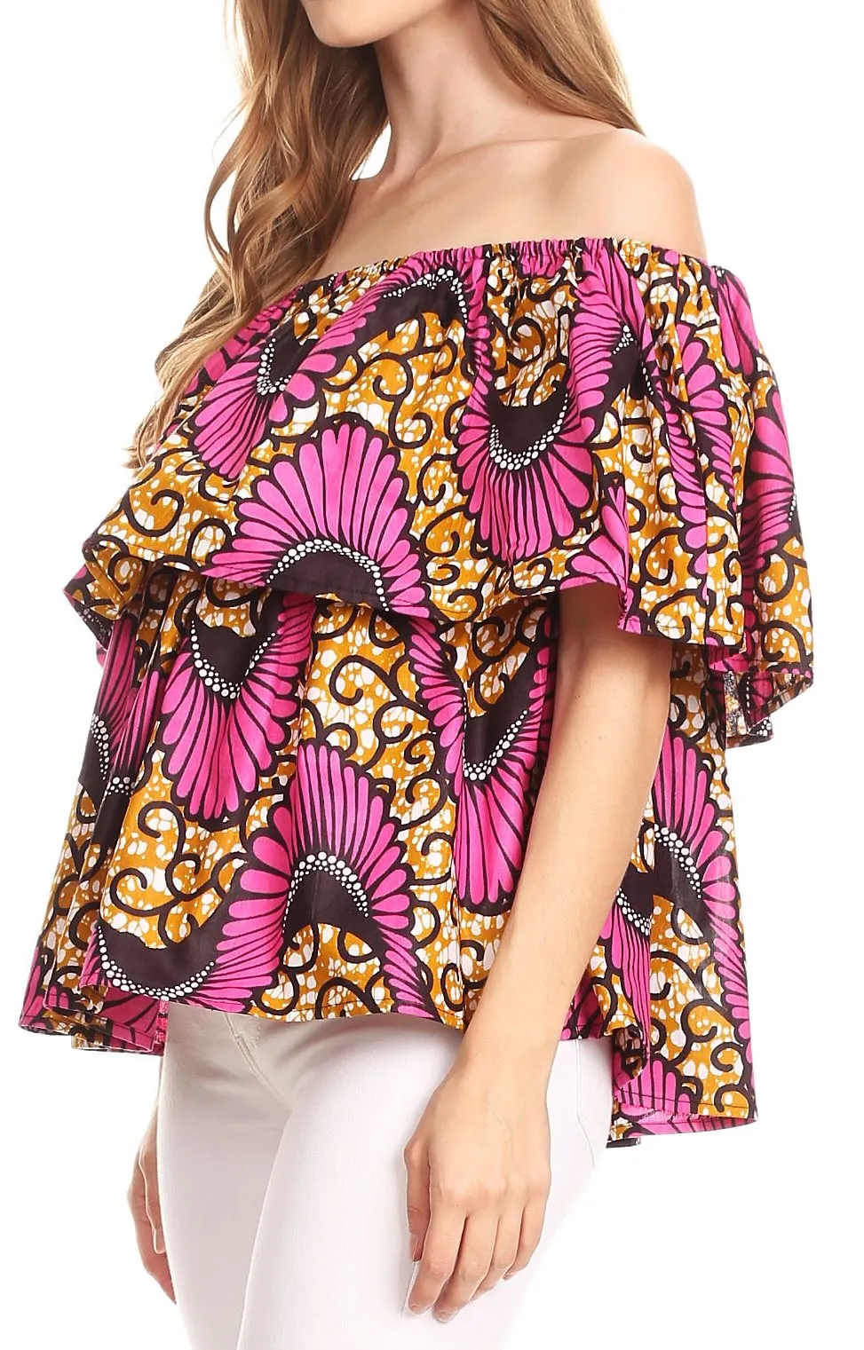 Sakkas Imani Colorful Wax African Ankara Dutch Off-shoulder Blouse Top Gorgeous