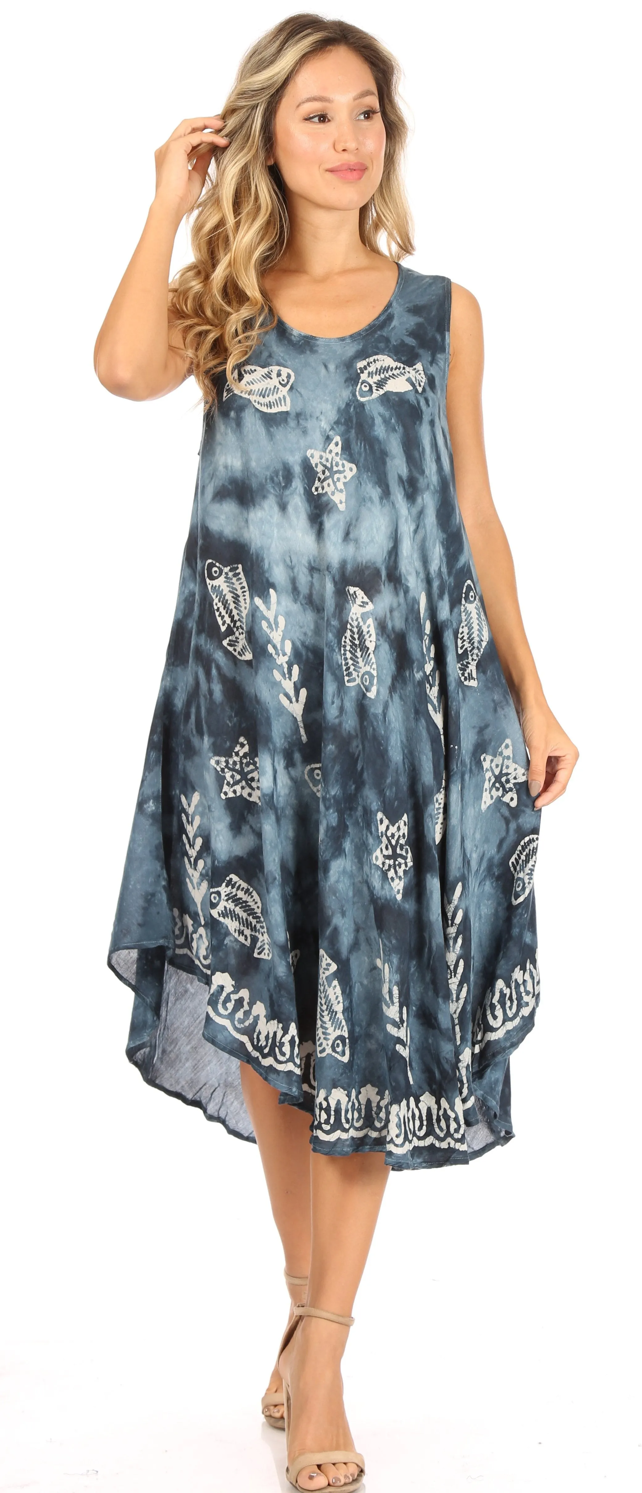 Sakkas Mara Women's Casual Sleeveless Tank Flare Midi Boho Batik Dress Cover-up