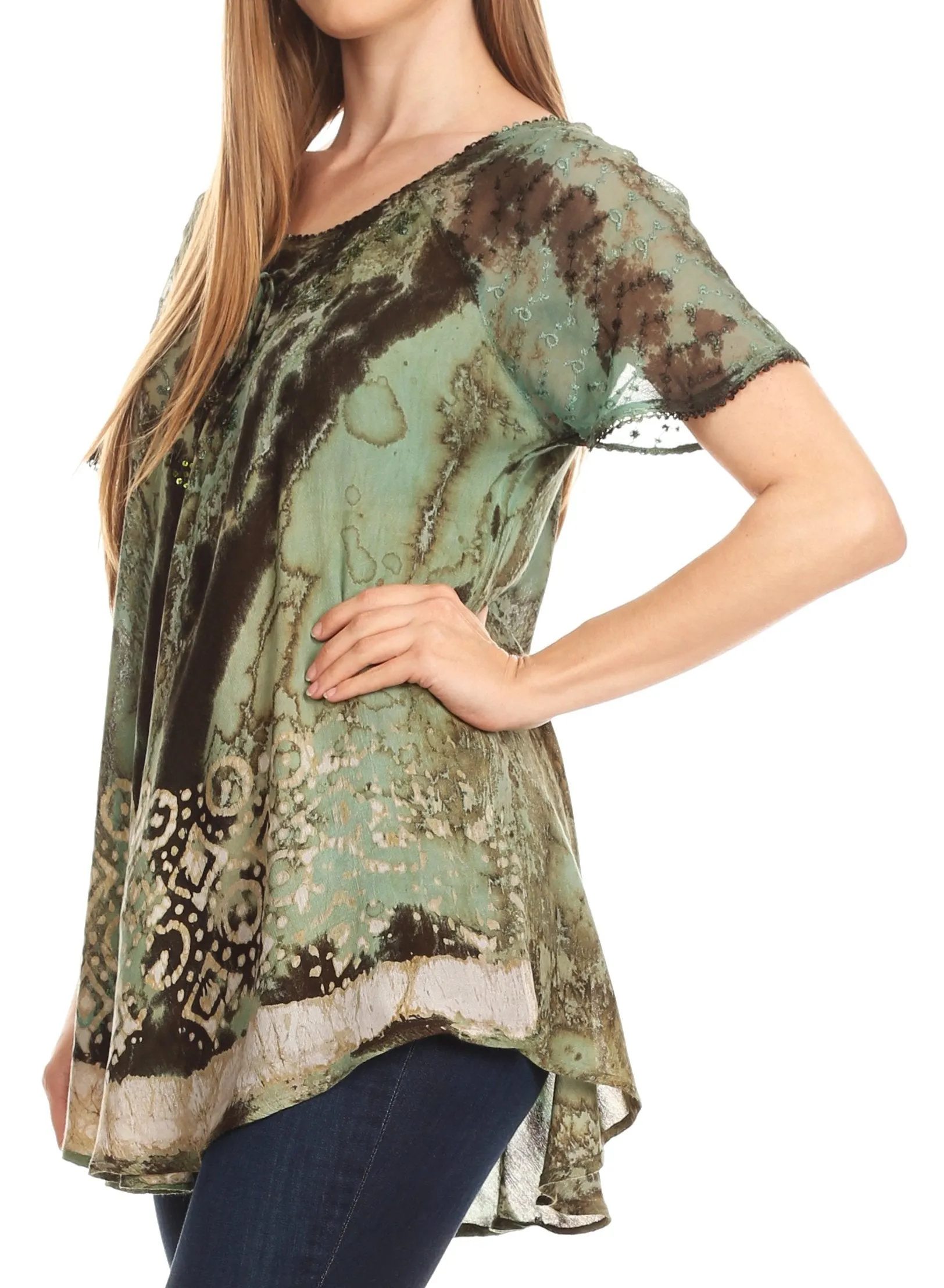 Sakkas Sara Womens Flowy Peasant Short Sleeve Top Blouse Tie-dye Batik Embroidery