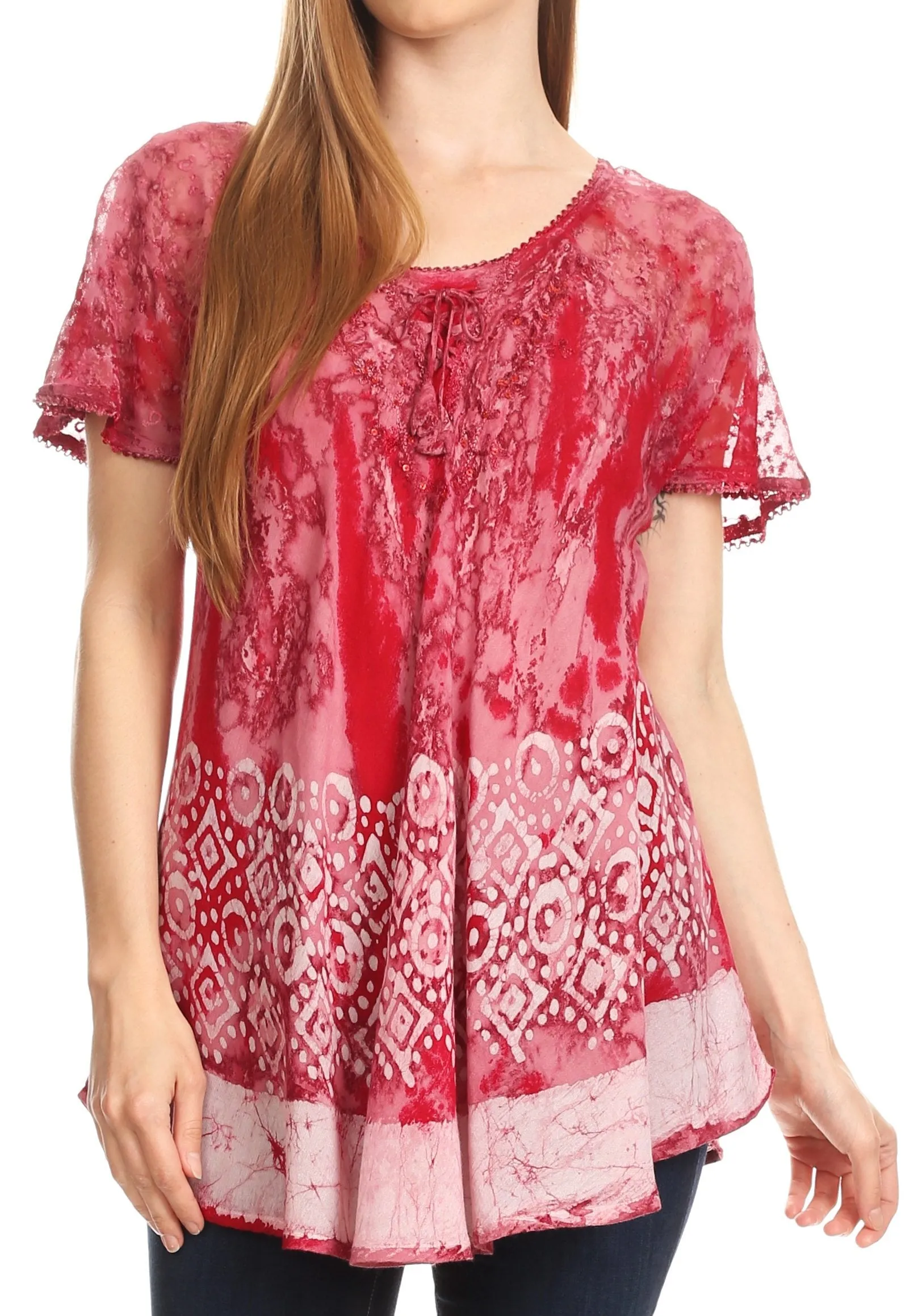 Sakkas Sara Womens Flowy Peasant Short Sleeve Top Blouse Tie-dye Batik Embroidery