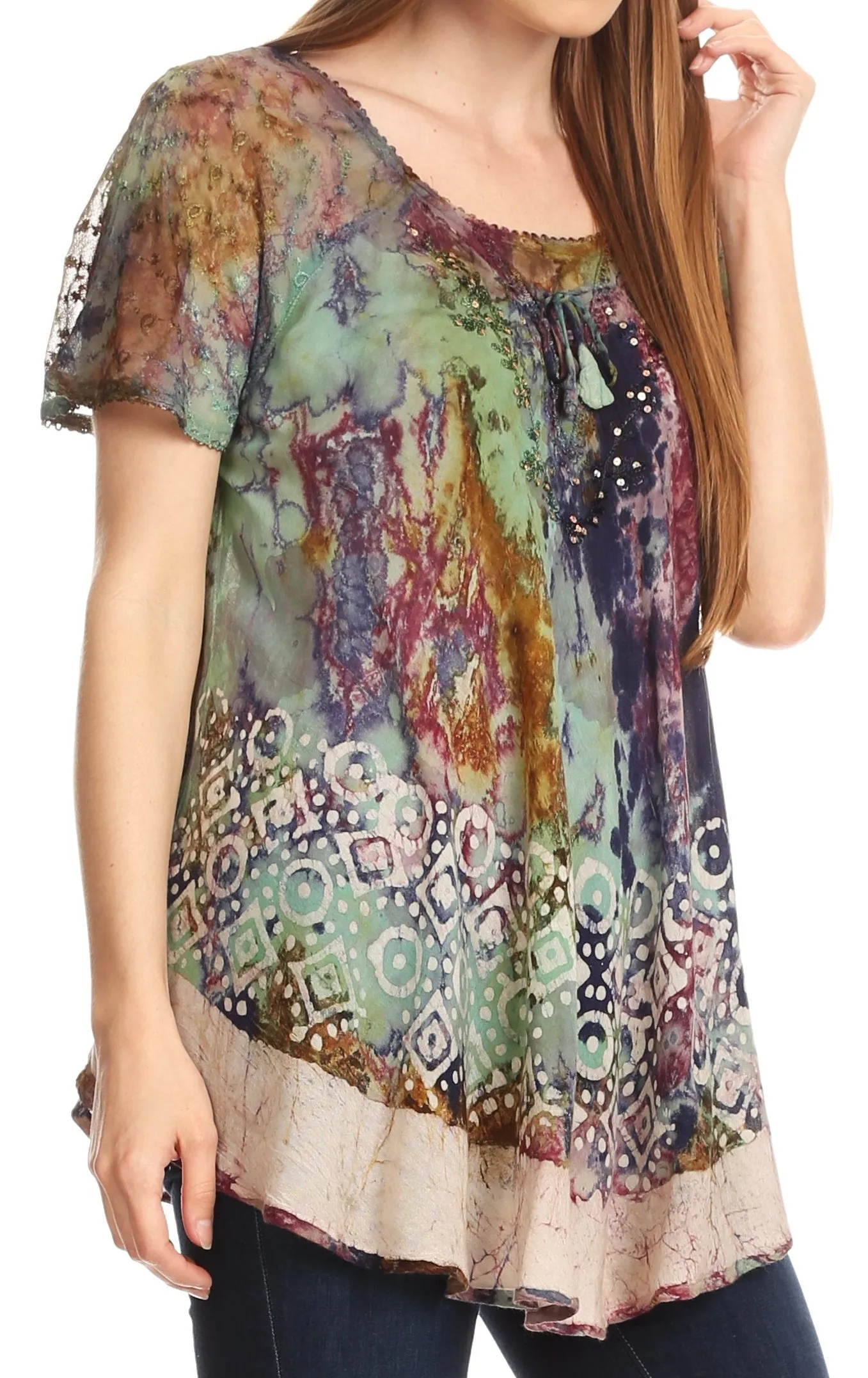 Sakkas Sara Womens Flowy Peasant Short Sleeve Top Blouse Tie-dye Batik Embroidery