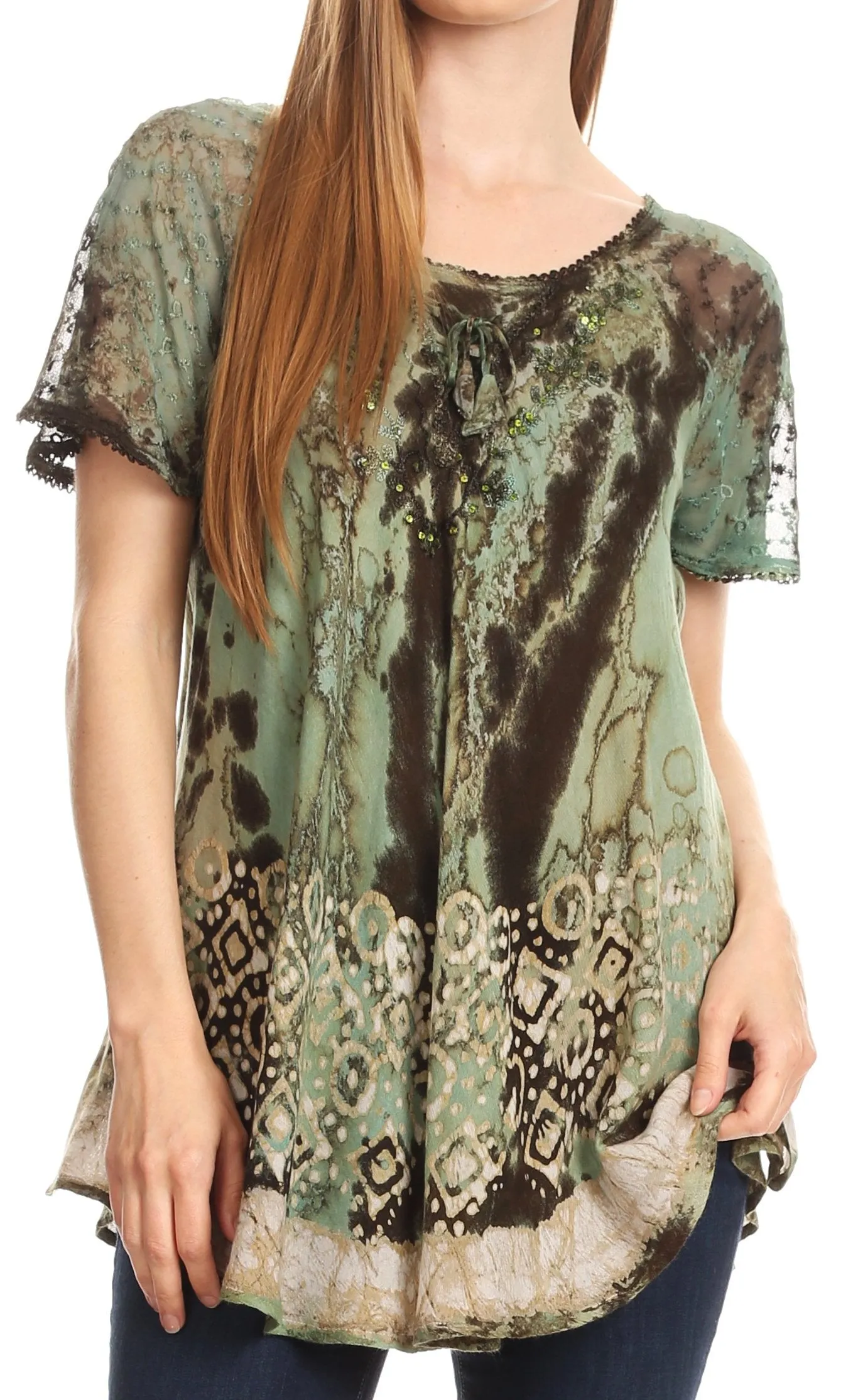 Sakkas Sara Womens Flowy Peasant Short Sleeve Top Blouse Tie-dye Batik Embroidery