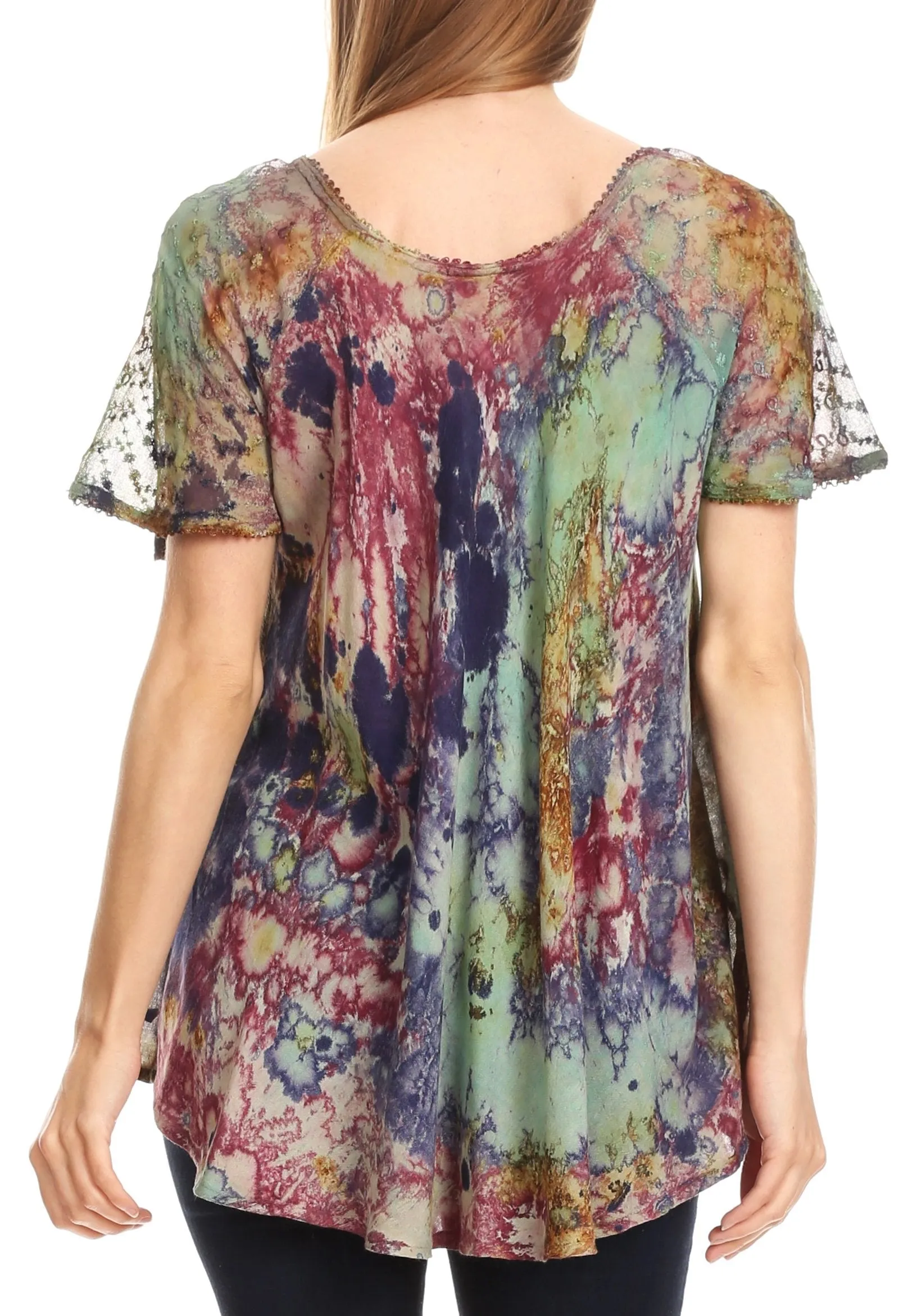 Sakkas Sara Womens Flowy Peasant Short Sleeve Top Blouse Tie-dye Batik Embroidery