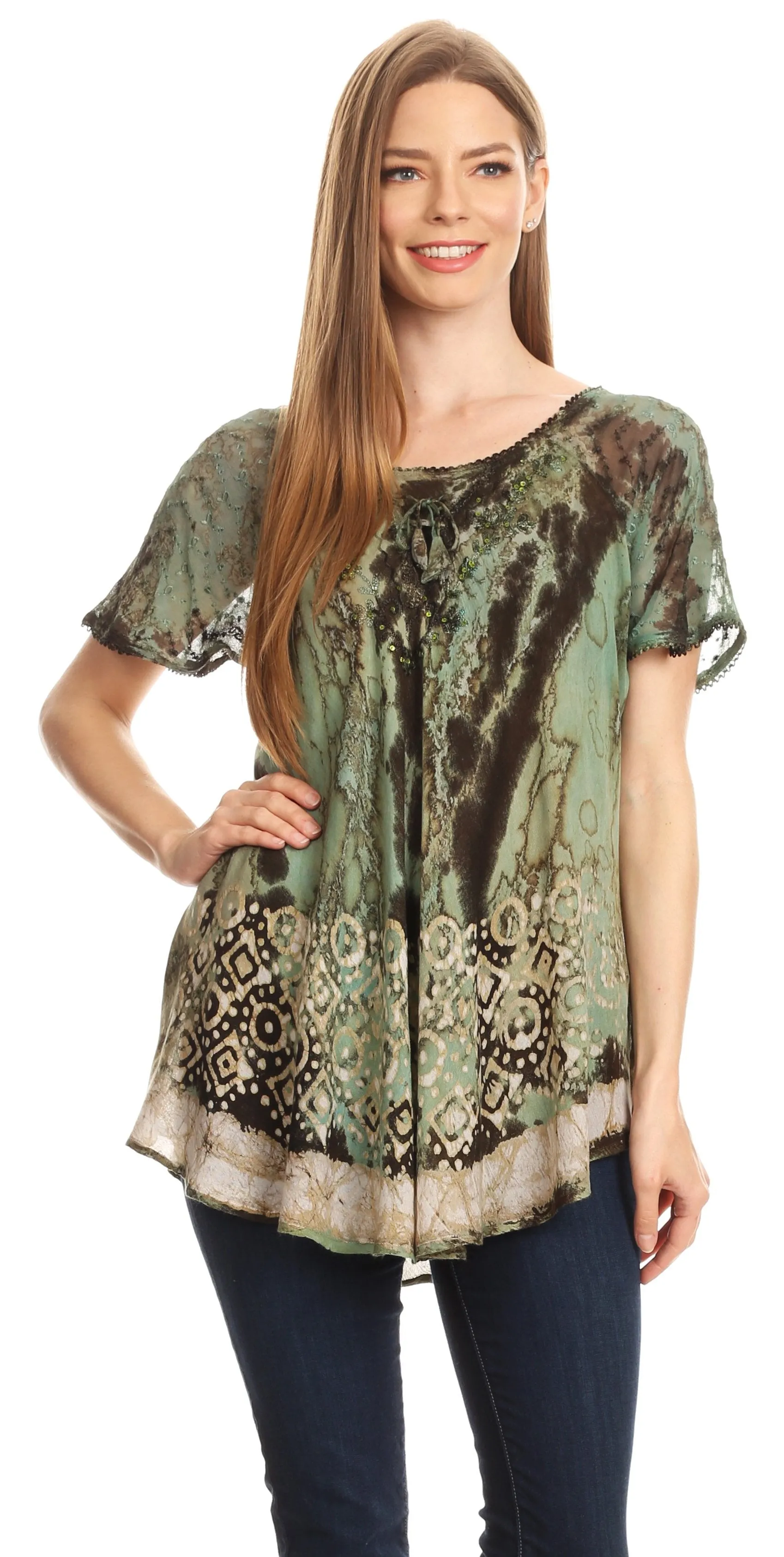 Sakkas Sara Womens Flowy Peasant Short Sleeve Top Blouse Tie-dye Batik Embroidery