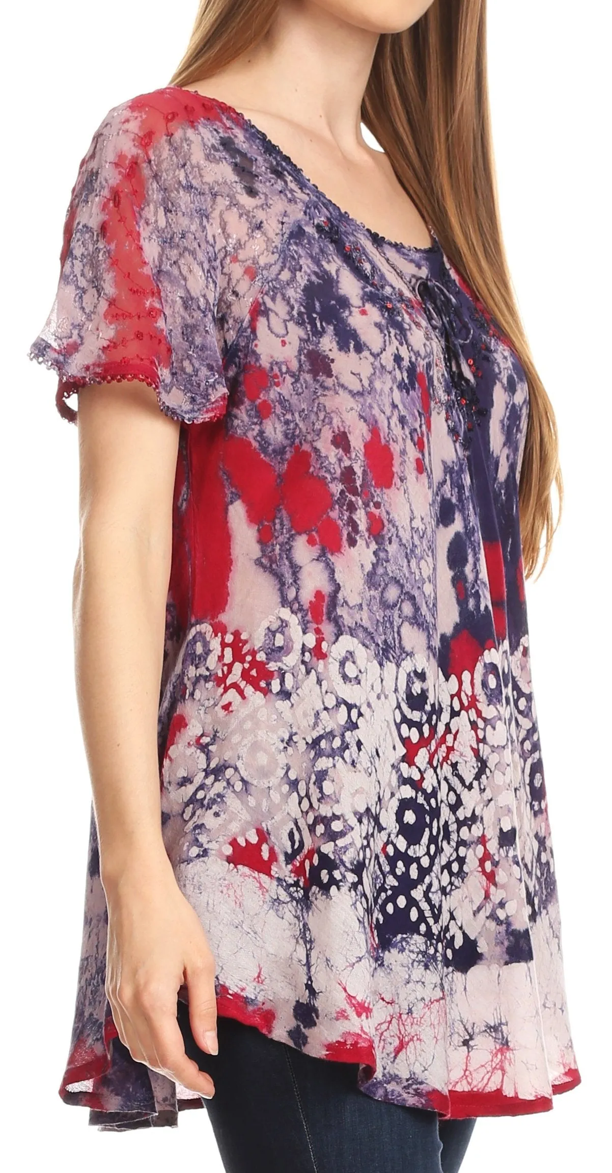 Sakkas Sara Womens Flowy Peasant Short Sleeve Top Blouse Tie-dye Batik Embroidery