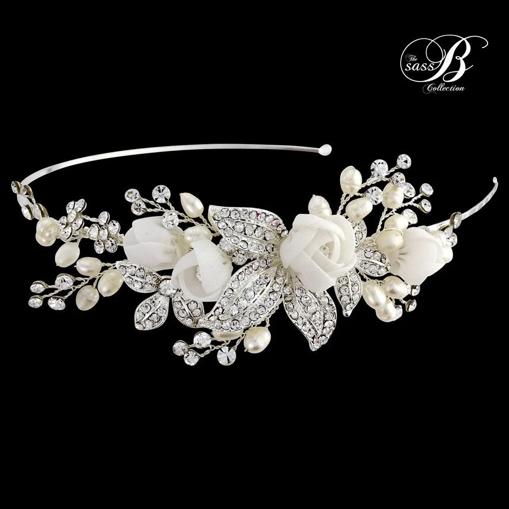 SassB Clara Pearl and Flower Hair Band Tiara