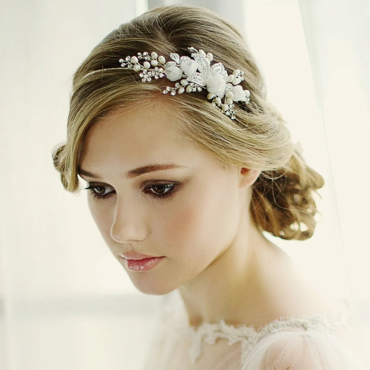 SassB Clara Pearl and Flower Hair Band Tiara