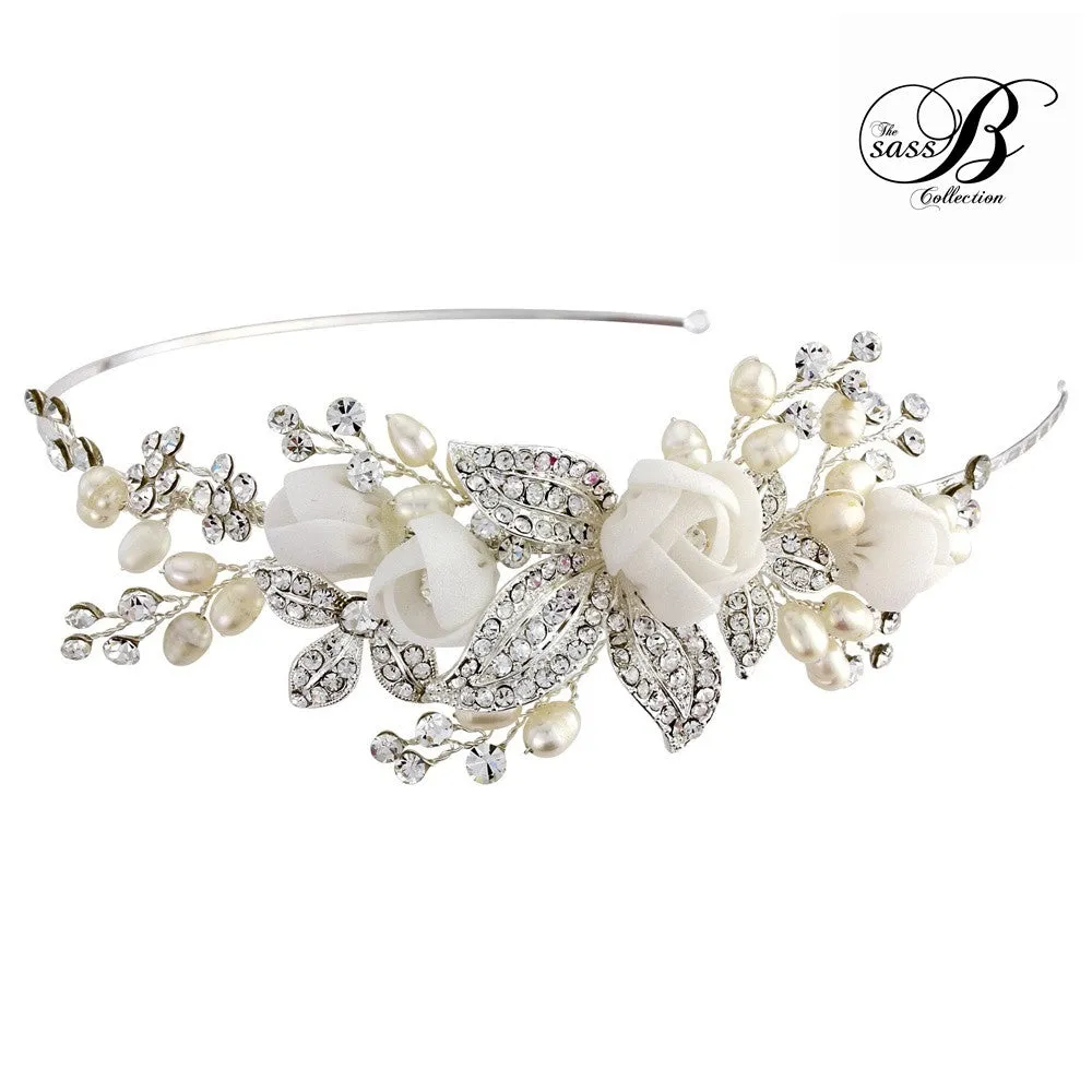 SassB Clara Pearl and Flower Hair Band Tiara