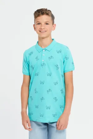 Senior Boys Mint Allover Print Polo Shirt