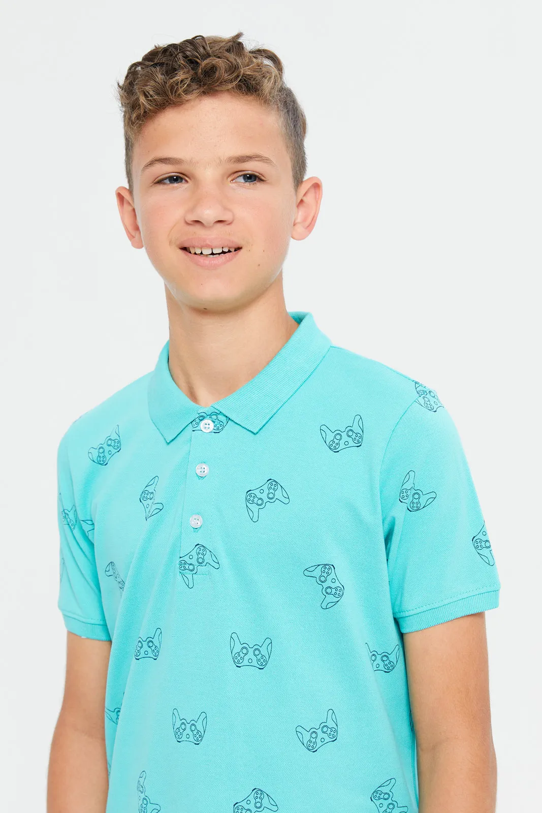 Senior Boys Mint Allover Print Polo Shirt