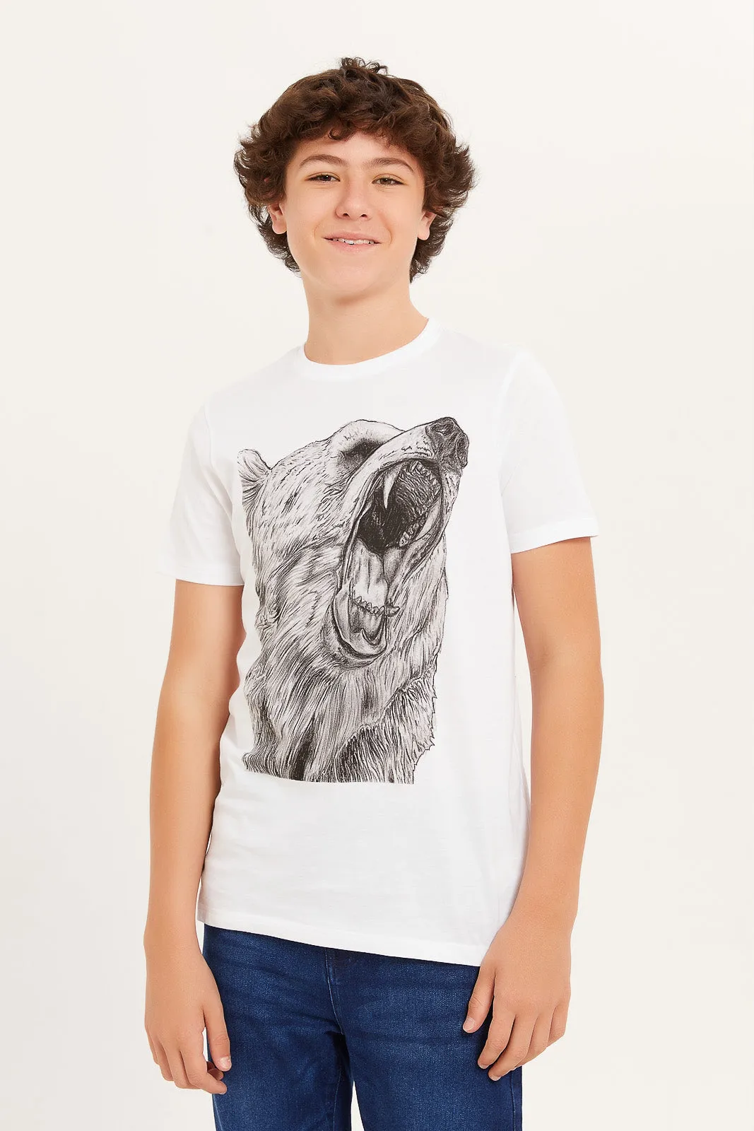 Senior Boys White Bear Roaring Print T-Shirt