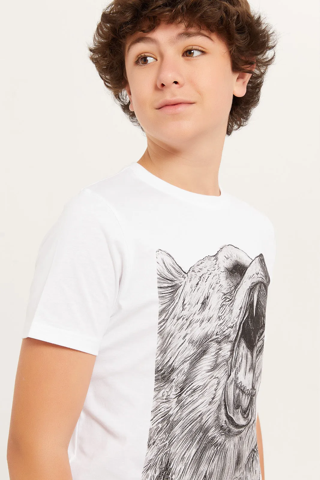 Senior Boys White Bear Roaring Print T-Shirt