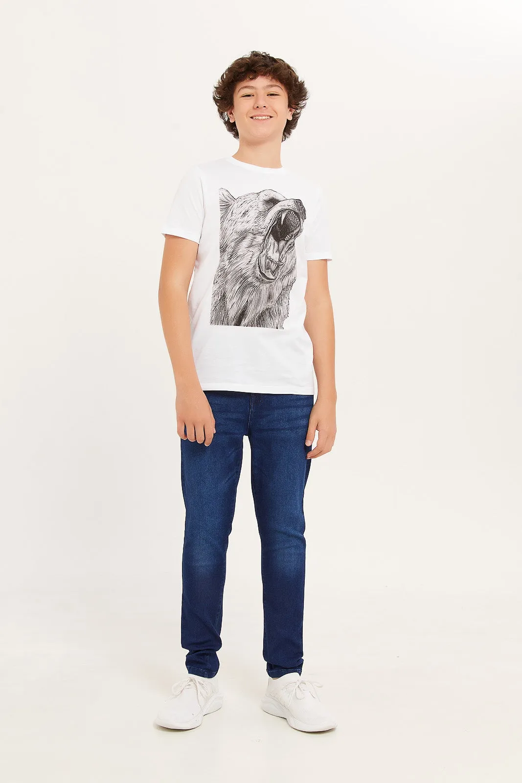 Senior Boys White Bear Roaring Print T-Shirt