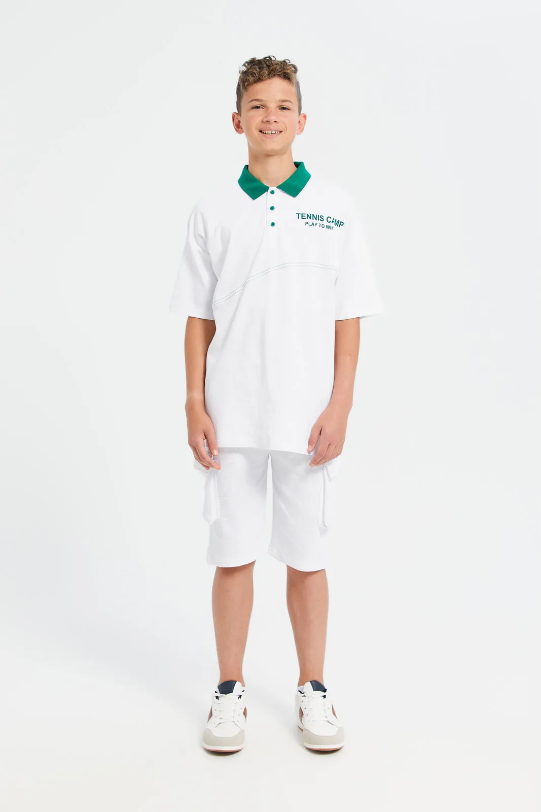 Senior Boys White Tennis Camp Printed Polo Shirt