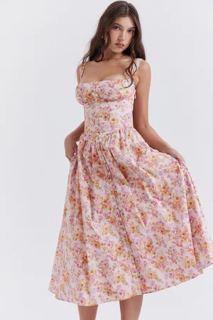 Sexy Square Neck Button Down Lace Up Fit & Flare Printed Midi Sundress - Floral