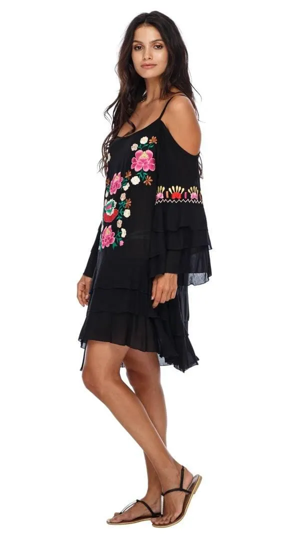 SHU-SHI Women's Bohemian Cold Shoulder Embroidered Tunic Dress - Casual Bell Sleeve Swimsuit Cover Up Short Dress