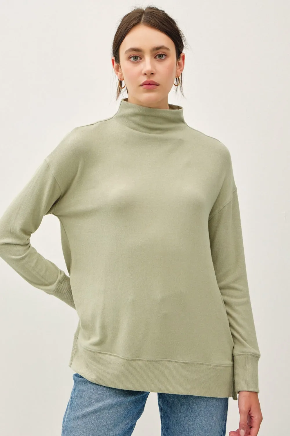 Side Slit Mock Neck Long Sleeve Tunic Top