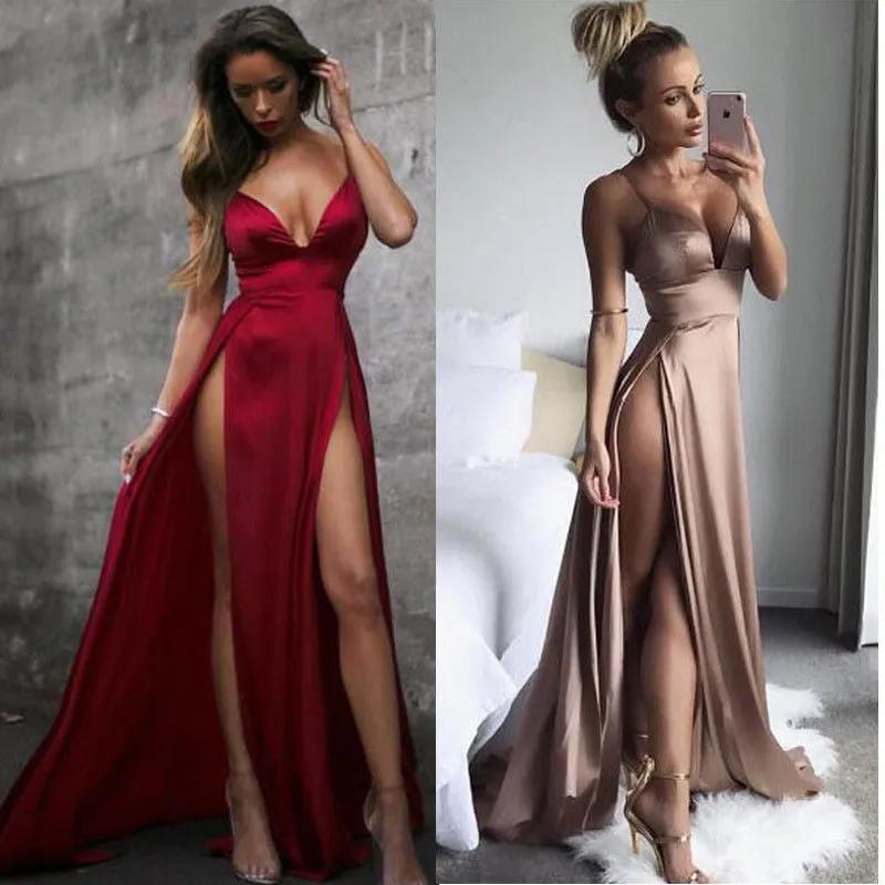 Silky Summer V-Neck Spaghetti Strap Thigh Slit Floor-Length Dress