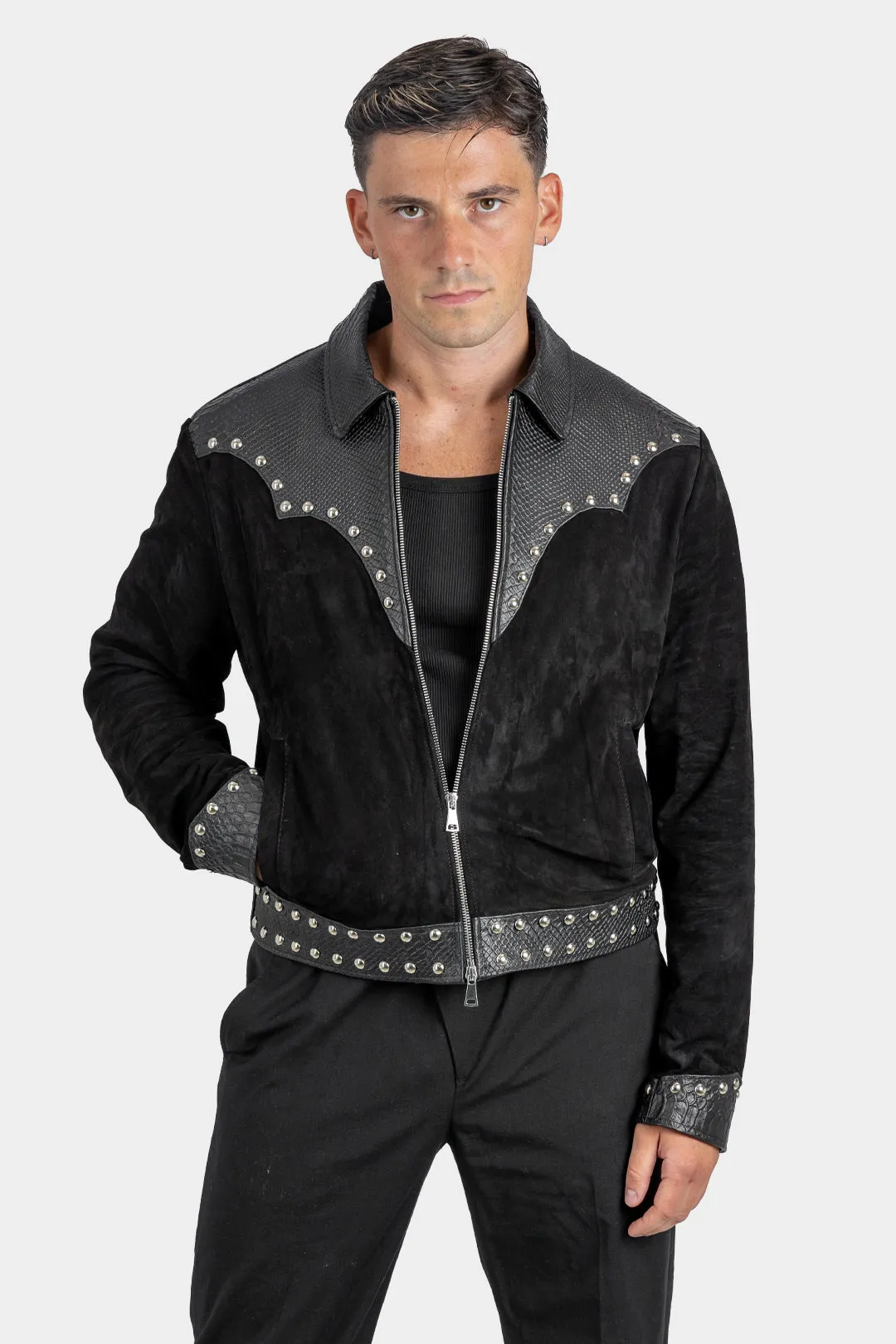 Snake Effect Suede Studded Leather Jacket