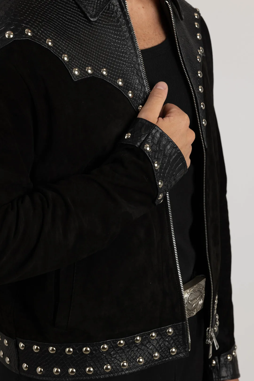 Snake Effect Suede Studded Leather Jacket